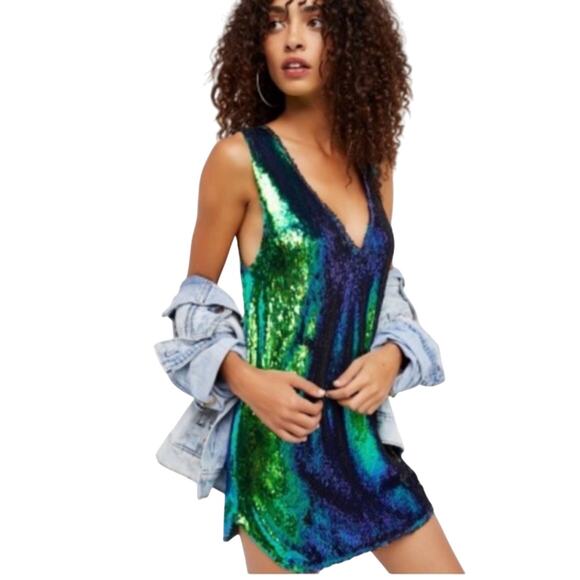 Free People Green Blue Black Iridescent Sequin Sleeveless Mini Dress - Picture 1 of 7